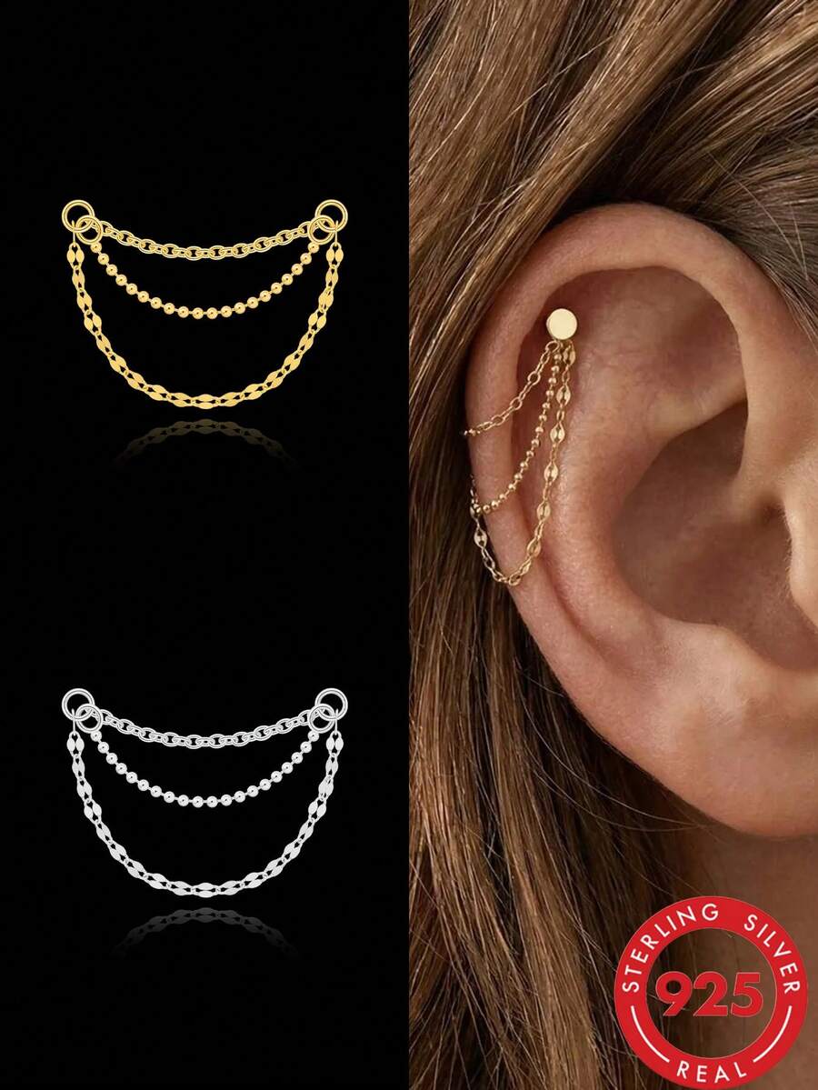 1 pièce Ensemble de boucles d'oreilles à chaîne triple couche en argent sterling 925, boucles d'oreilles à chaîne pendante pour piercing du cartilage, convient pour le port quotidien et les fêtes, hypoallergénique - Multicolore - Voir 1