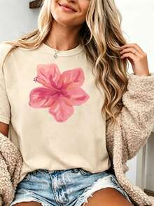 Women's Short-Sleeved T-Shirt With Round Neck And Retro Floral Print, 100% Cotton, Soft Pink, Hawaiian Cut, Lightweight And Breathable, Ideal For Beach, Office And Everyday Wear. - 黑色 - 查看 2