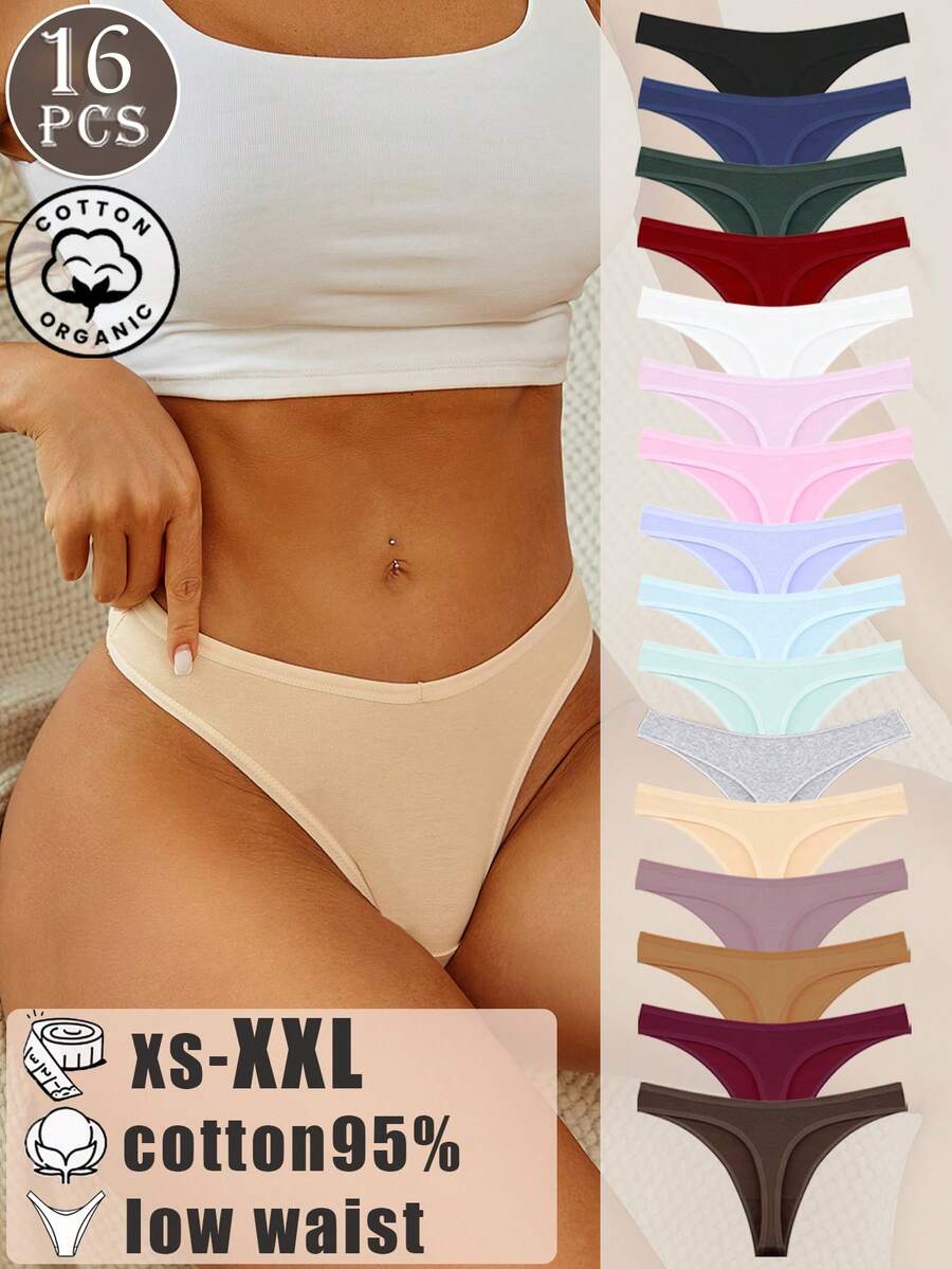 16pcs Ladies Multicolor Cotton Comfortable Breathable Fitted Low Waist Sexy Thongs,Women's Underwear XS-XXL - 彩色 - 查看 1