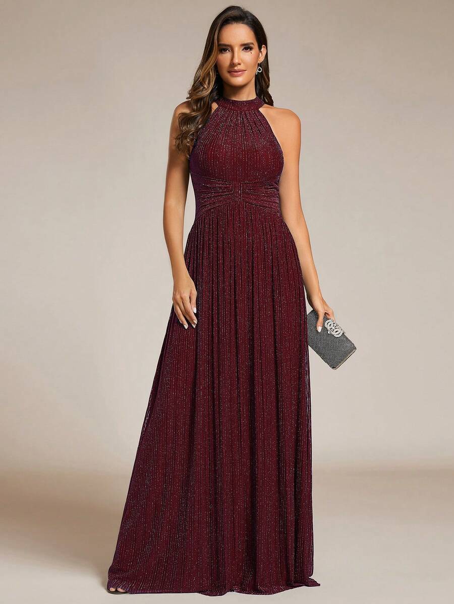 EVERPRETTY Gaun Malam Formal Wanita Menawan dengan Desain Leher Halter, Tanpa Punggung, Tanpa Lengan, Lipit, Berkerut, dan Putar, Elastis Tinggi, Cocok untuk Pesta Pernikahan. - Burgundy - View 1