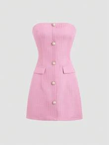 dfgSweetra Vestido elegante de mujer con decoración de botones de perlas falsas de unicolor, conjunto de verano con estilo Y2K para club y vacaciones, vestido corto de mujerafd TAHN - Rosa - Ver 1