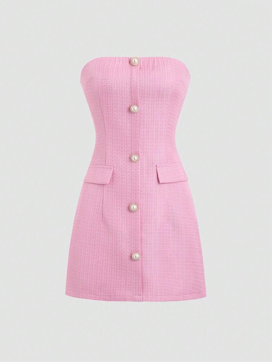 dfgSweetra Vestido elegante de mujer con decoración de botones de perlas falsas de unicolor, conjunto de verano con estilo Y2K para club y vacaciones, vestido corto de mujerafd TAHN - Rosa - Ver 1