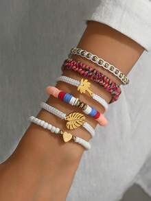 Set Gelang Buatan Tangan 6 Buah/Set dengan Motif Daun Logam, Pohon Palem, dan Hati yang Dapat Diatur, Cocok untuk Pakaian Sehari-hari, Liburan, dan Pantai Wanita - MultiWarna - View 2