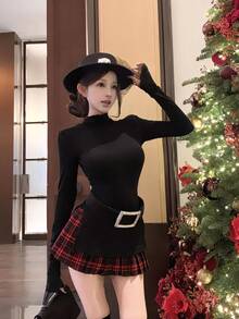 Women Short Dresses - Black Top + Red Plaid Midi Skirt [with Belt] - View 11