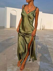 Satin Slip Dress V-Neck Knot Strap Slit Maxi Dress - Verde Oliva - Ver 3