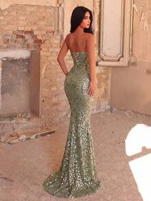 Elegant Strapless Glitter Mermaid Evening Gown - Pearl Neckline, Ruched Waist Party Wedding - Olive Green - View 1