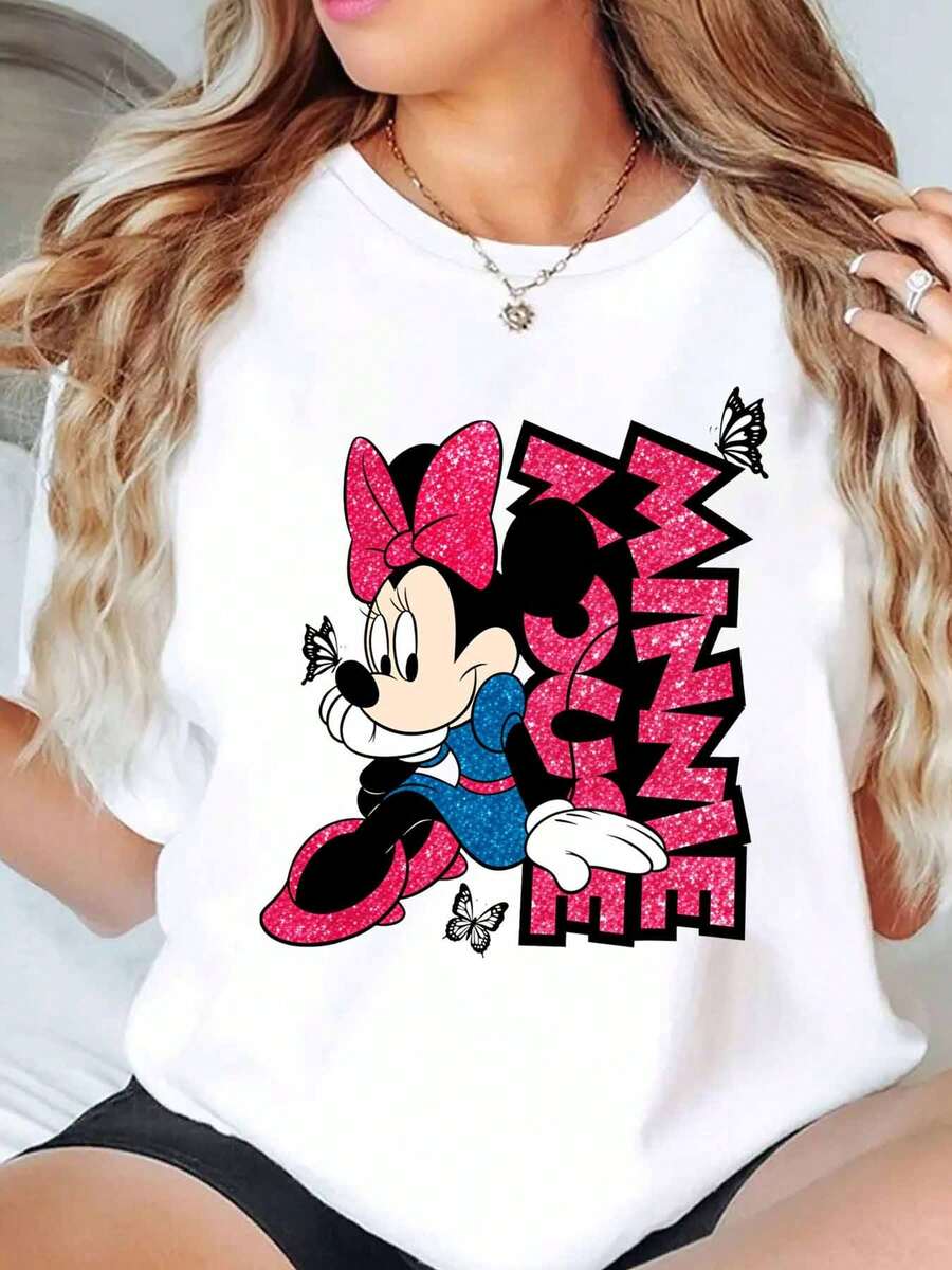 Disney Minnie Mouse Glitter Pink Bow And Text Print Women T Shirt Round Neck Short Sleeve Casual Daily Wear Summer Outfit Soft Comfortable 220g - 白色 - 查看 1