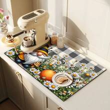 1pc Dish Drying Mat, Coffee Machine Pad, High Absorbency Draining Mat, Featuring Bee Gnome & Fresh Daisy Pattern, Gray & White Plaid Rustic Style, Ideal For Dining Table, Cafe, Kitchen Counter Decor, Multi-Purpose Drainage Pad, Home Gift, Tabletop Decor - XYLSD-438 - View 3