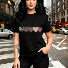 Camiseta de mujer con estampado de cinco corazones en tonos grises, marrón, rosa polvoriento y malva con diseño de leopardo y frase "loose happy" - camiseta holgada y cómoda de estilo urbano relajado, perfecta para pasear por la ciudad o salir con am - Negro - Ver 11