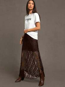 X Scot Louie  Falda larga de verano ligera y transpirable con parches de encaje negro y flores silvestres para mujer - Café integral - Ver 4