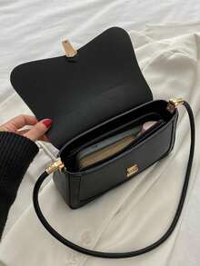 Fashionable Solid Color Buckle Retro Shoulder Bag - Black - View 5