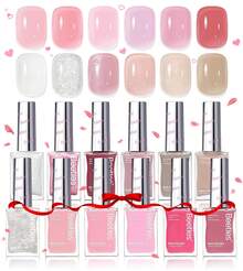 Beetles 12 Colors Jelly Pink Glitter Nail Polish Set, Quick Dry Air Dry Fingernail Polish, Chic DIY Spring Nail Art Home Use - 12 Colors Serenely Chic - 查看 8
