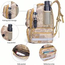 Fishing Tackle Backpack, 45L Storage Waterproof Travel Bag Store Fishing Gear With Insulated Top Pocket - Camouflage Khaki + Standard Size 4 Tackle Boxes Not Included 900d Nylon - View 6