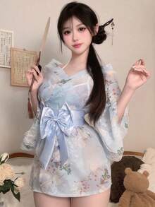 1pc Japanese Style Sakura Geisha Sexy Innocent Bow Kimono Costume Set, Suitable For Cosplay, Parties, Performances, Photoshoots - Includes Dress + Sash Only Spring - Multicolor - View 2