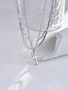 3pcs Stainless Steel Blade Chain Necklace Set, Silver Tone Copper Zirconia Cross Pendant, Versatile Daily Wear Accessory For Women (Random Clasp Quantity) - Silver - View 7