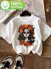 Camiseta de mujer con calavera de unión en Y direccional, camiseta estampada de mujer con calavera de azúcar para el Día de Muertos, top casual de manga corta y cuello redondo, adecuado para verano y primavera, ropa de mujer - Blanco - Ver 1