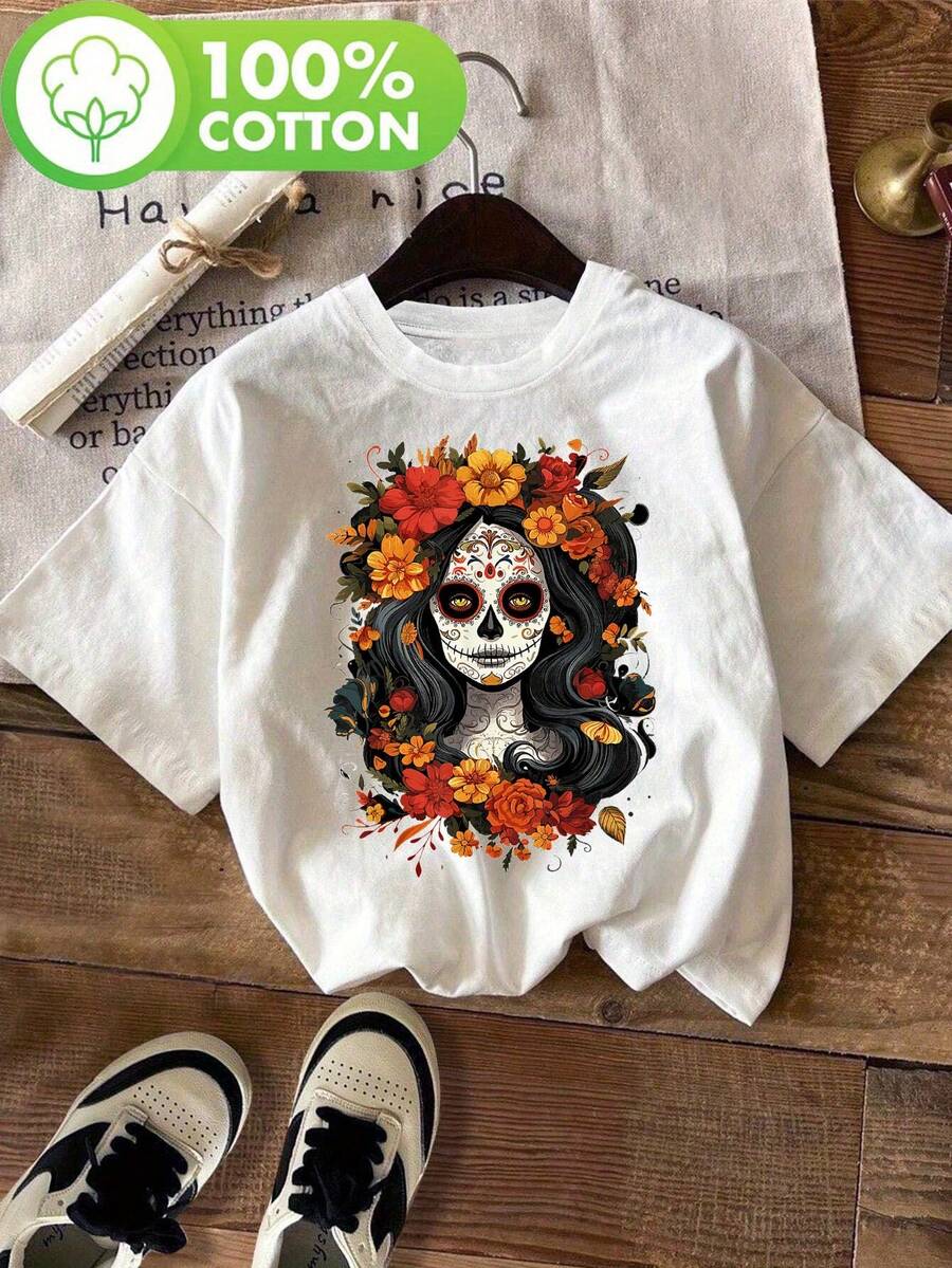 Camiseta de mujer con calavera de unión en Y direccional, camiseta estampada de mujer con calavera de azúcar para el Día de Muertos, top casual de manga corta y cuello redondo, adecuado para verano y primavera, ropa de mujer - Blanco - Ver 1