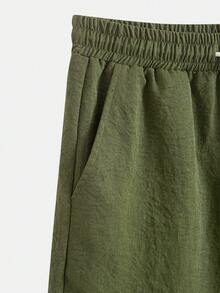 Plus Size Men's 2-Piece Set, Solid Color Contrast Collar Cardigan & Shorts, Casual Fashionable Minimalist Versatile Daily Wear, Summer College Style Classic Commuting Short Sleeve Shirt & Shorts Set - Army Green - View 6