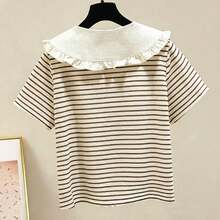 Girls' Ruffled Striped Short Sleeve Blouse, Sweet Back To School Shirt For Toddler & Big Girls - Coffee Brown - View 4