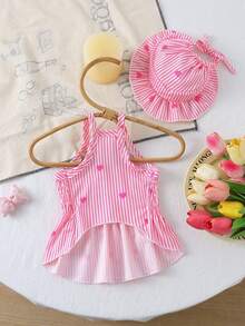Summer Pet Pink & White Striped Heart Halter Set: Ruffle Waist Top + Matching Sun Hat Dog Clothes - Pink - View 3