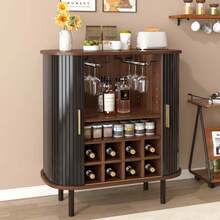 MERAX 28" Fluted Wine Bar Cabinet With 8-Grid Wine Rack, 5-Level Adjustable Shelves, 2 Glass Holders, Smoothly Sliding Tambour Doors, 4 Hidden Storage Space On The Side, Modern Liquor Coffee Station, Black - Black - View 3