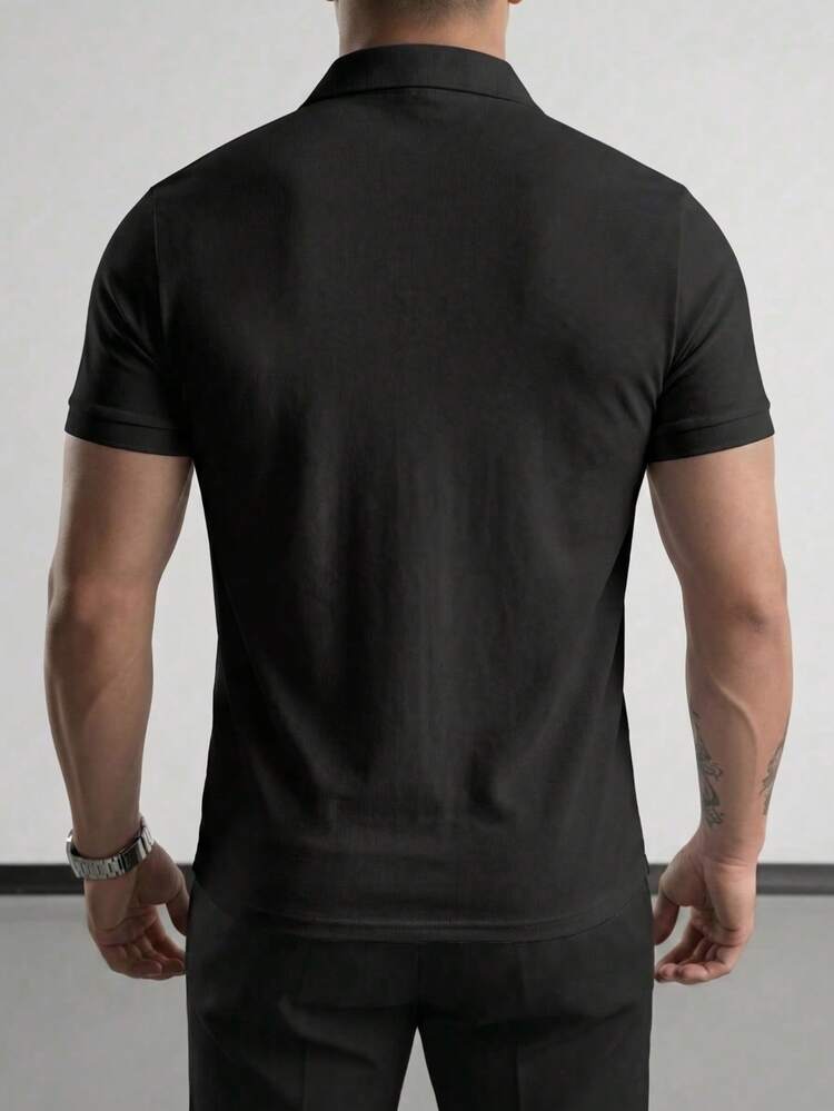 男士纯色半开襟休闲百搭通勤短袖 Polo 衫 - 黑色 - 查看 4