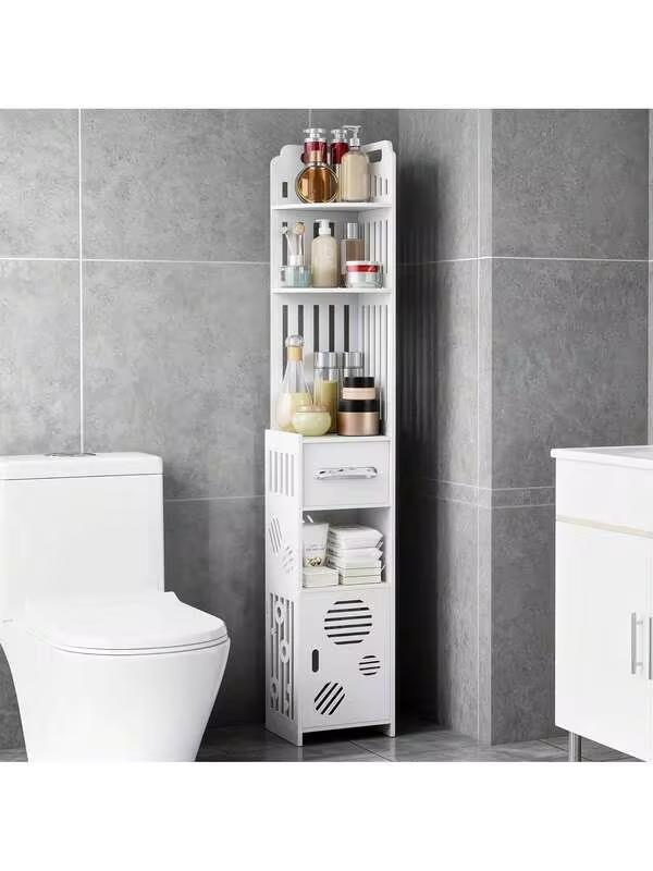 EZIFY 1PC Slim Corner Bathroom Storage Cabinet, Space-Saving Freestanding PVC Rack With Toilet Paper Holder, Easy Assembly Home Organizer Shelf