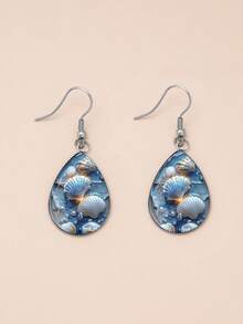 1 Pair Ocean Seashell & Starfish Design With 316 Stainless Steel Waterdrop Earrings, Cute Minimalist Style Suitable For Women's Daily Wear And Gifts, Elegant Minimalist Jewelry Earrings Suitable For Women's Daily And Vacation Wear - Baby Blue - View 8