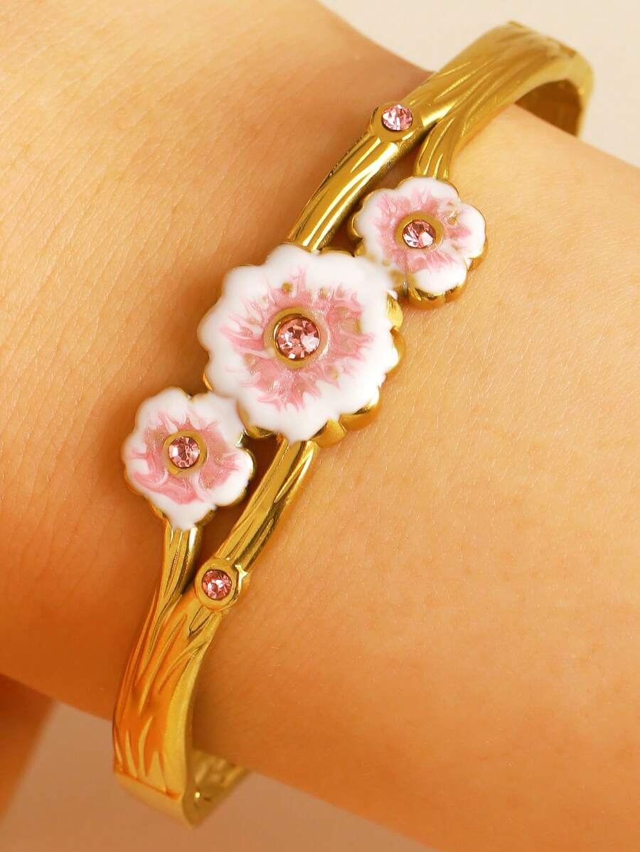 1組時尚個性誇張鏤空花朵、貝殼、骷髏、十字架開口手鐲,適合女性日常與節日配戴 - 金黃色 - 查看 1