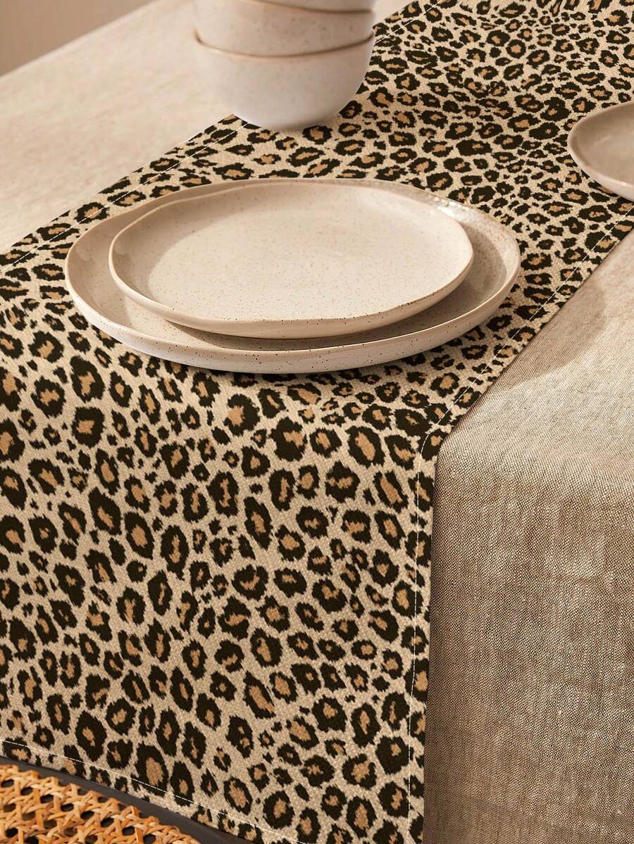 1pc Classic Leopard Print Linen Table Runner, Suitable For Holidays, Parties, Birthdays, Dinners, Kitchen & Dining Room Decor, Shoe Cabinet & Storage Cabinet Cover, All-Season Room Decor & Home Textile - Multicolor - View 1