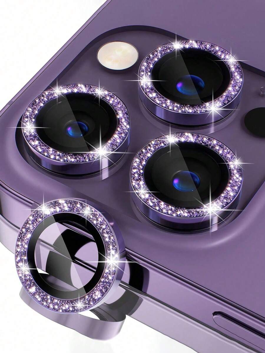 3pcs Camera Lens Protector For IPhone 14 Pro/14 Pro Max/17/16 Pro Max/16 Pro/15 Pro Max/15 Pro/13 Pro Max/13 Pro/12 Pro Max/13 Pro/12 Pro/11, Includes Tempered Glass Camera Protective Film With Metal Independent Ring Accessory, Purple Glitter Design - Purple - View 1