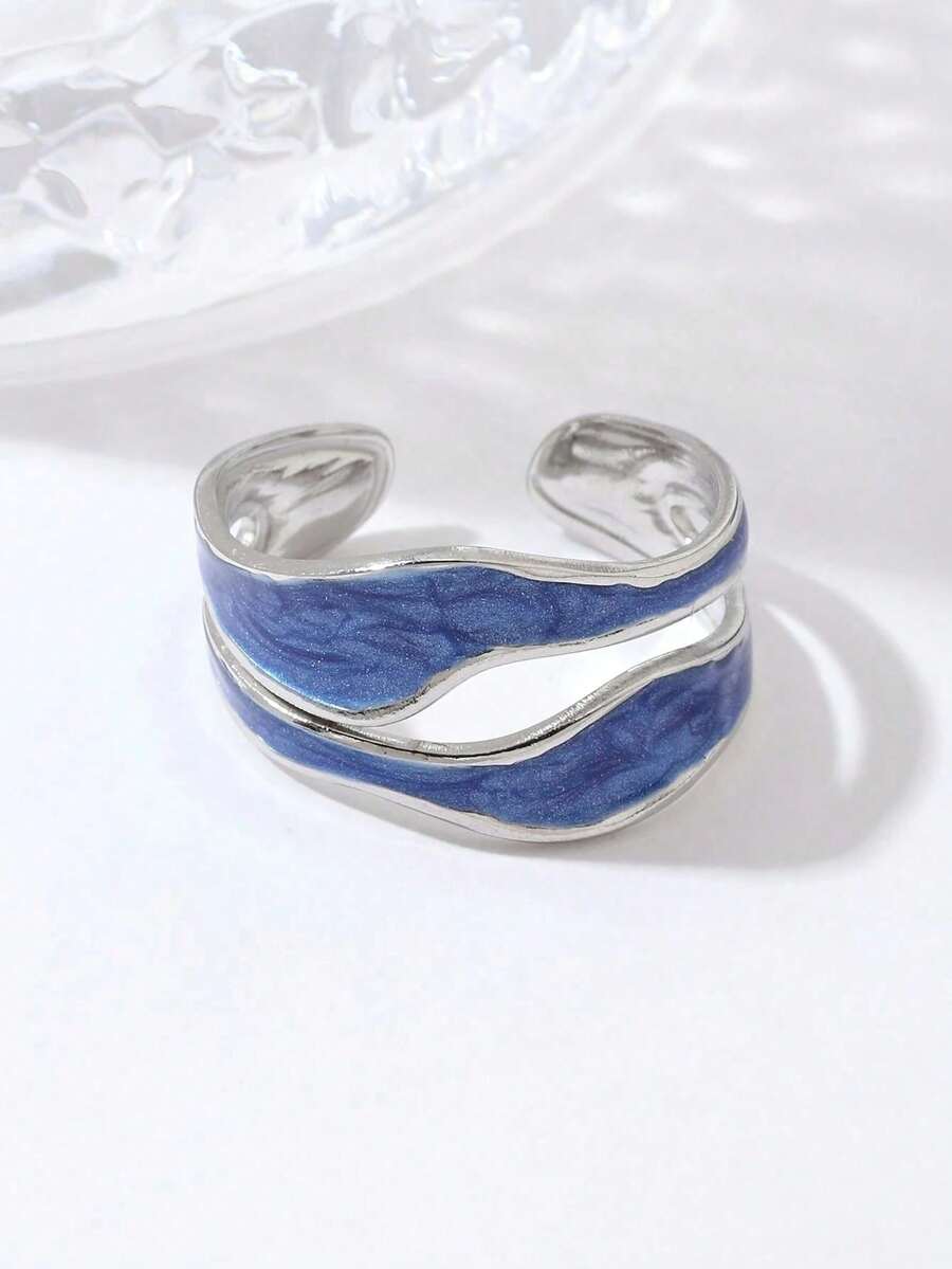 1 Youth Adjustable Blue Enamel Open Ring - Wavy Ring, Unique Asymmetric Ring - Multicolor - View 1