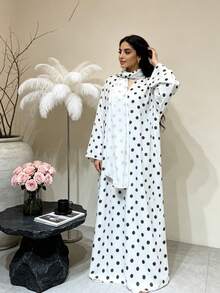 Polka Dot Print Open Front Abaya Kimono, Wide Flare Sleeve Loose Modest Muslim Long Outerwear Cardigan For Daily Holiday Occasions - Multicolor - View 6