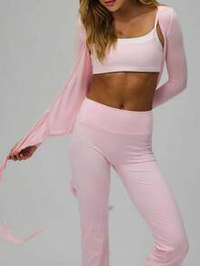 Women's Minimalist Casual Sports Style Long Sleeve Front Tie Cardigan, Autumn Outfit, Winter Outfit, Commute, Vacation, Casual - Pink - View 3