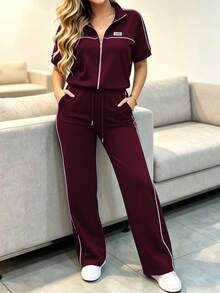 Set Busana Kasual Wanita Musim Semi/Gugur untuk Berpergian, Atasan Lengan Pendek dengan Resleting Warna Kontras Serbaguna dan Pinggang Tinggi Bergaris dengan Tali Serut, Longgar dan Elegan - Burgundy - View 7