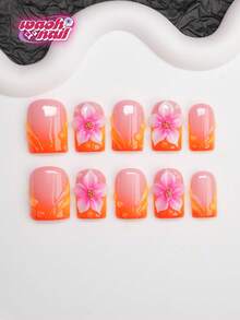 Square Type A Handmade Press-On Nails Y2K Hot Girl Style, Nude, Orange, Yellow Nail Tips With French Edge, Carving, Water Drop Design Pure Handmade Press-On Nails, Women And Girls Can Wear Shiny Nail Tips, 10pcs/3 Sizes, Suitable For Party, Ball, Daily Wear, Includes Tool Kit, Can Be A Gift For Women And Girls. - Multicolor - View 2