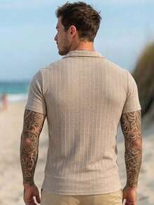 Men's Casual Ribbed Resort Shirt Short-Sleeve Button-Down Camp Collar - Beige - View 4