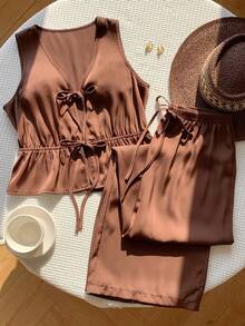 Nuevo conjunto de 2 piezas, textura de punto, lazo al frente, tela cómoda, adecuado para vacaciones en la playa o en la isla - Marrón - Ver 1