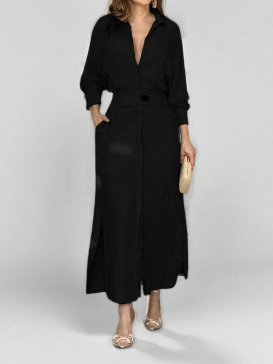 2026 Women's Elegant Clothing Scroll Solid Color Strap Waist Dress Long Dress - 黑色 - 查看 1