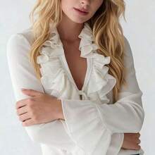 Camisa elegante y casual de manga larga de gasa blanca con cuello en V con volantes y cintura con lazo, mangas acampanadas, adecuada para primavera, verano y otoño, tela de gasa transparente - Negro01 - Ver 6