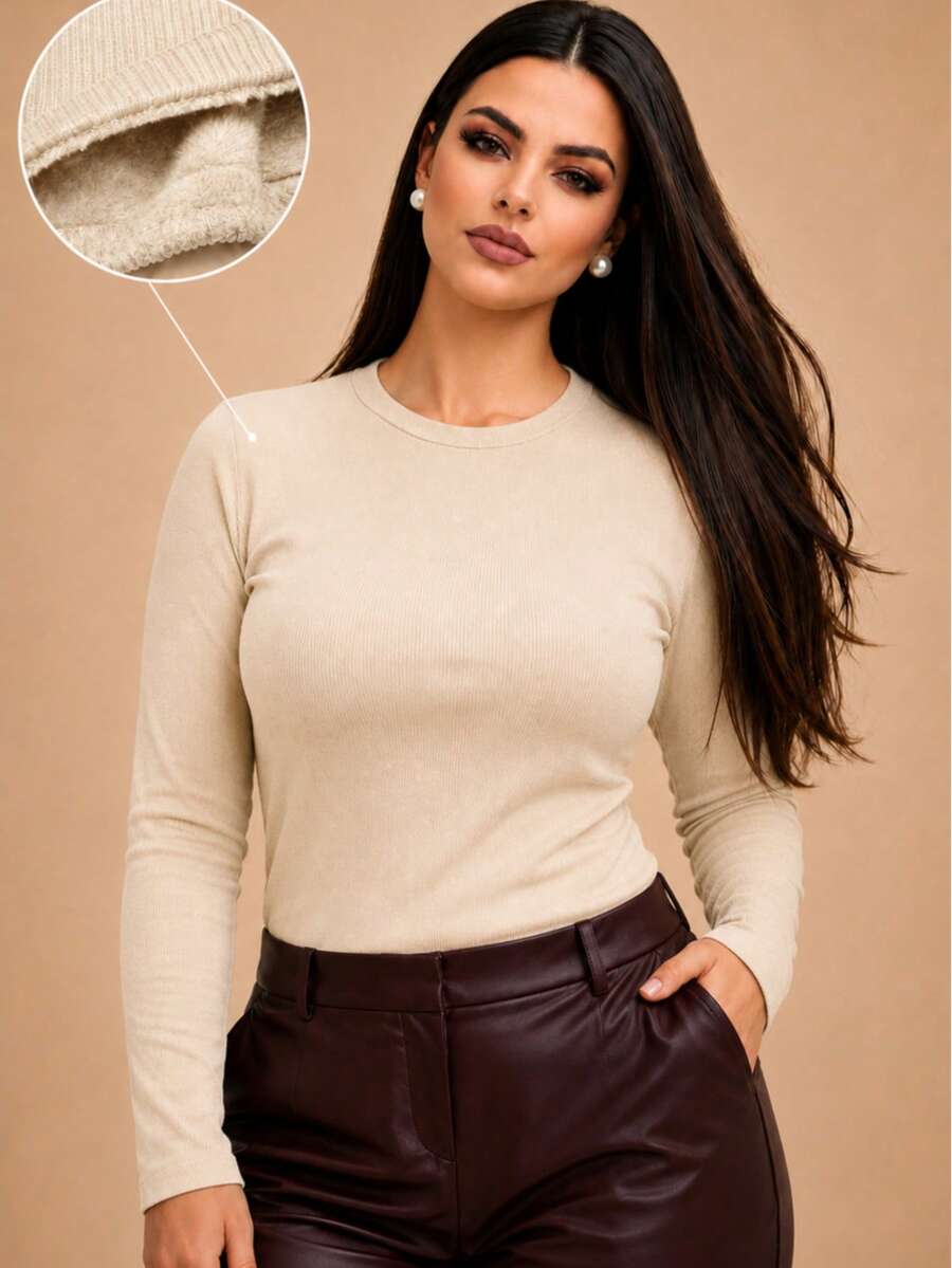 Long-Sleeved, Fleece-Lined, Ribbed Knit, Thermal, Flannel-Lined, Warm, Comfortable, Soft, Office, Festival, Fashion, Autumn And Winter 2026, Valentine's Day. - 米色 - 查看 1