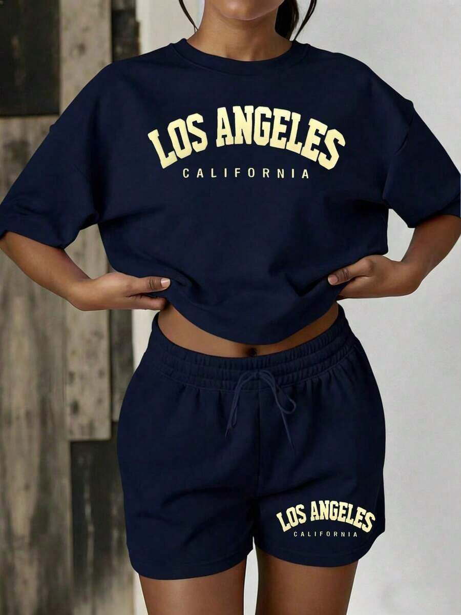 Conjunto de 2 piezas para mujer con estampado gráfico de Los Ángeles, de manga corta y holgado, para el verano - Azul marino - Ver 1
