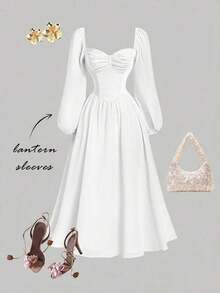 MOD Vestido de primavera para vacaciones con escote en forma de corazón, mangas farol y diseño de busto plisado - Blanco - Ver 3