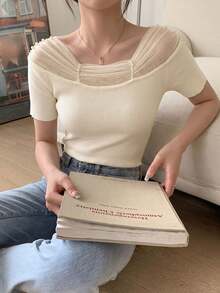 French Elegant Off Shoulder Mesh Splice Beaded Knit Sweater, Versatile Fitted Crop Top For Work, Dating, Vacation Summer - Apricot - View 5