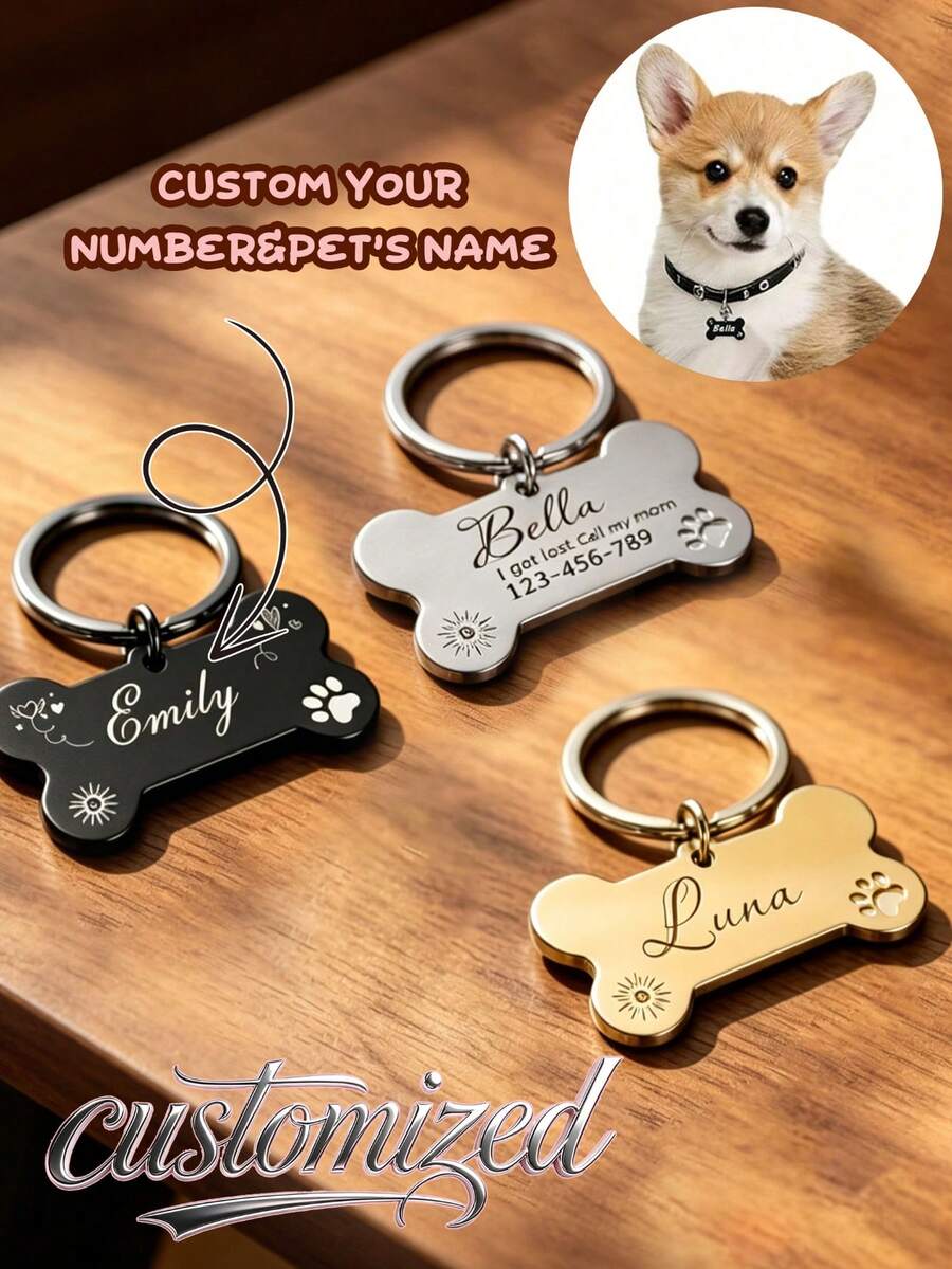 [Double-Sided Customization] 1pc Personalized Pet ID Pendant Tag, Custom Dog Name With Paw Print Pattern Tag, Engraved Custom Cat Tag, Heart Pattern, Dog ID Pendant Pet Collar, Beautiful Pet Accessory - Multicolor - View 1
