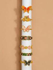 7件套复古精致独特设计优雅蝴蝶花朵鸡尾酒戒指套装，适合日常佩戴、节日、派对等场合，是送给女性的珠宝礼物。 - 彩色 - 查看 2