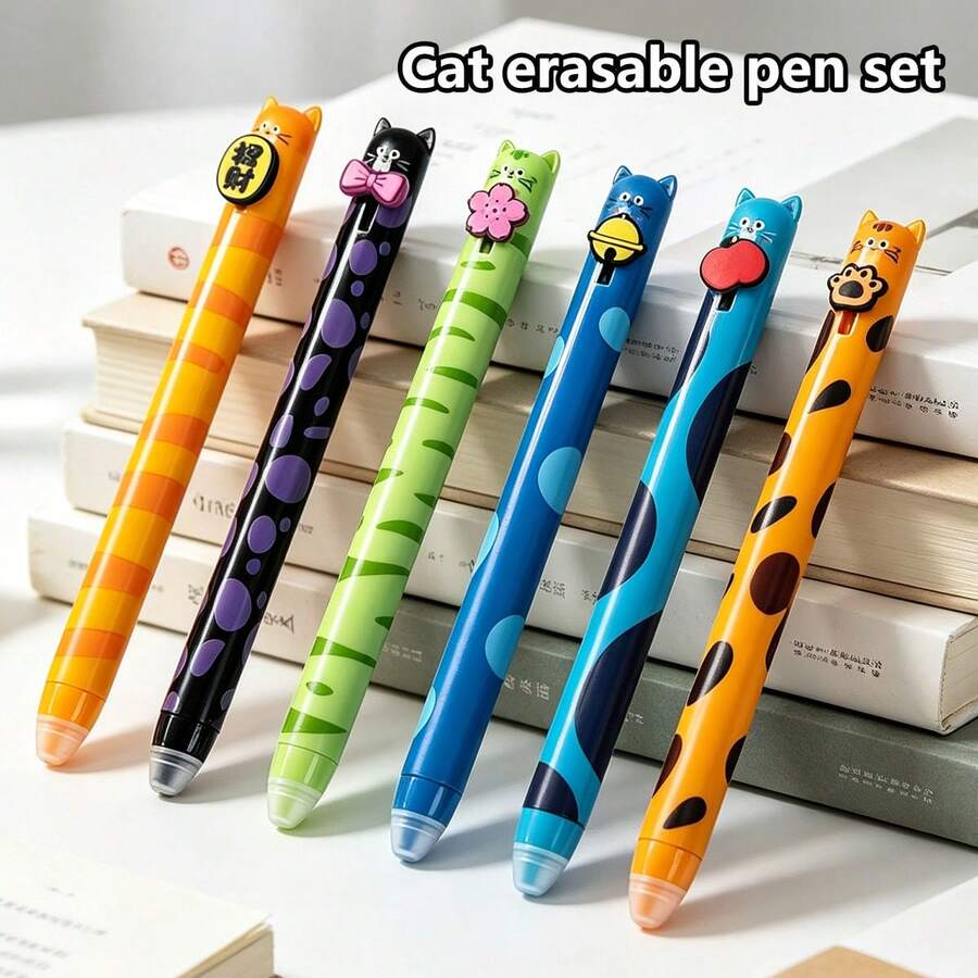 6pcs Cat Themed Erasable Ballpoint Pen Set, Retractable Design With 0.7mm Blue Ink Refill, Smooth Writing And Easy To Erase, Perfect Gift For School And Office Use - Multicolor - View 1