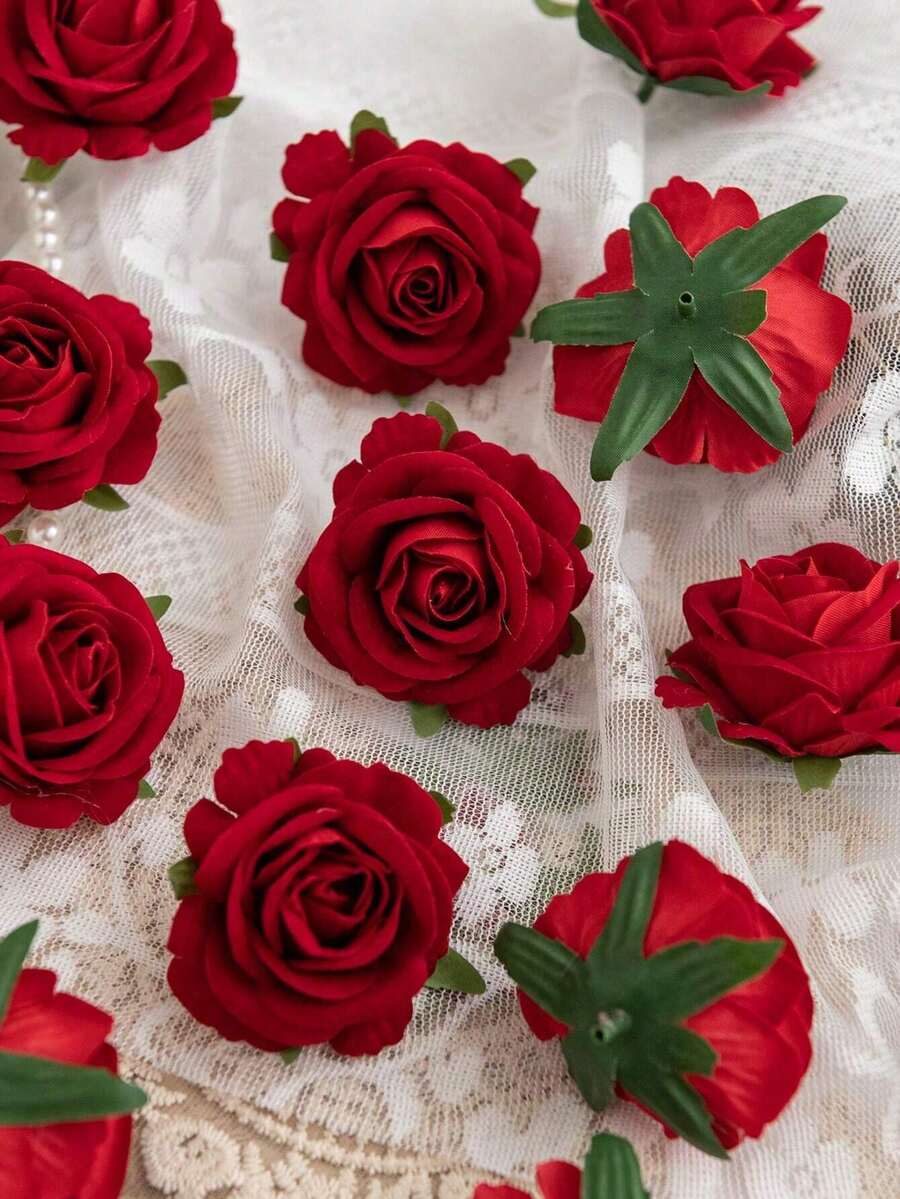 5/15/25pcs Artificial Velvet Rose Flower Heads, Suitable For Wedding Party Decor, Cake Decor, Home Living Room Tabletop Decor, Fake Plants, Autumn Decor, Room Decor, Desk Decor, Garden Decor, Valentine's Day Bride Wrist Corsage - Red - View 1
