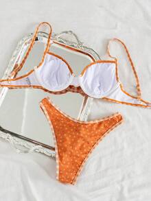 Stretchy Sexy Women's Bikini Set, Spaghetti Strap Design, Contrast Mesh Details, Blue Plaid & Ditsy Floral Vacation Beach Summer - Orange - View 4