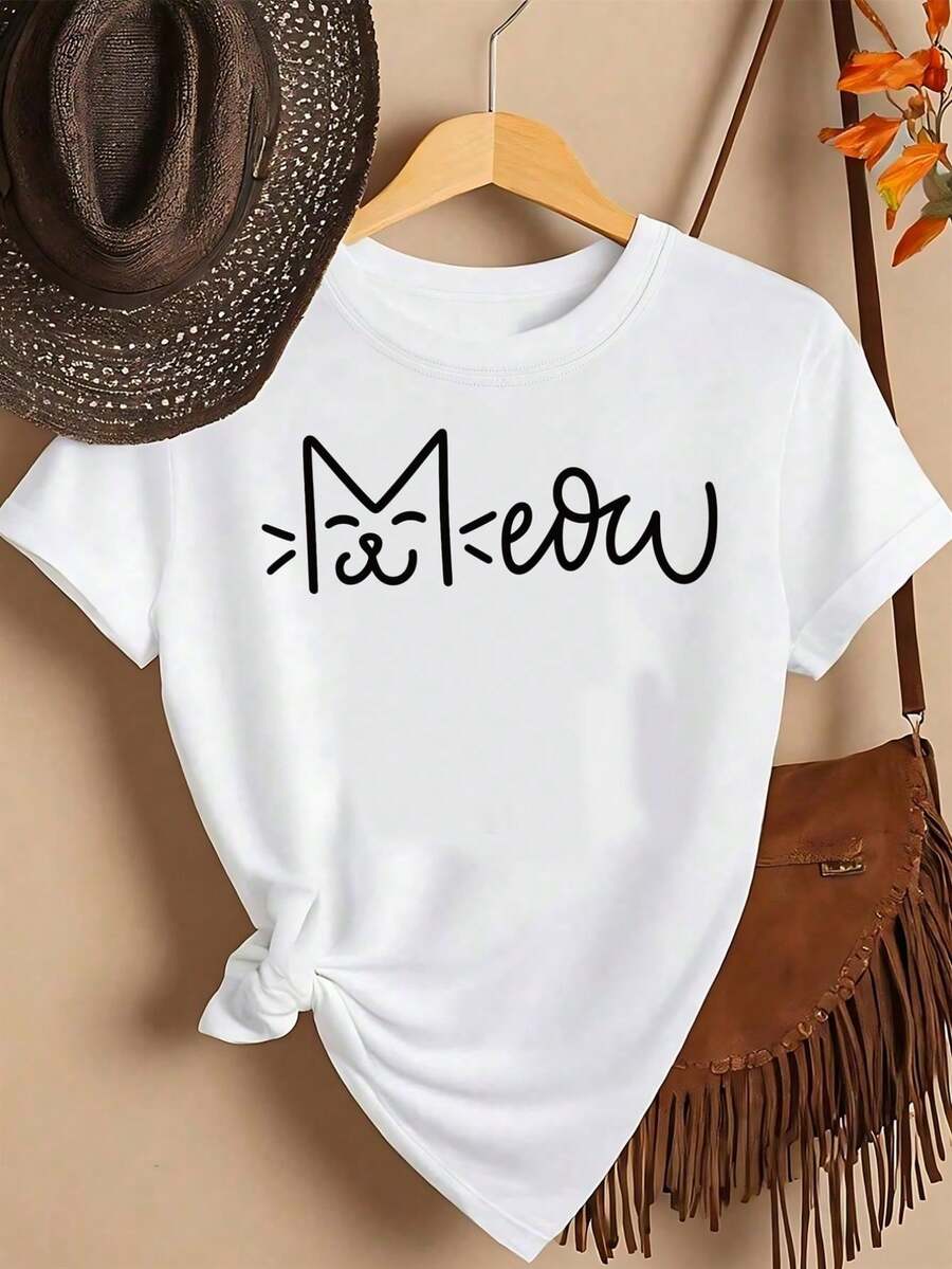 Soft, Breathable, Crew Neck T-Shirt. Women's Cat Print T-Shirt - Short-Sleeved, Crew Neck Top With A Cat Design. Machine Washable Casual Shirt, Suitable For Spring And Summer Wear. Comfortable Casual Wear, Ideal For The Office And Lounging At Home. Versatile Short-Sleeved Printed T-Shirt With A Relaxed Fit And Slimming Effect. - 白色 - 查看 1